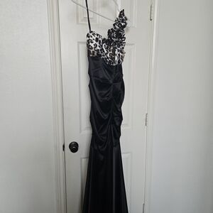 Black and Leopard Print Mermaid One Shoulder Dress